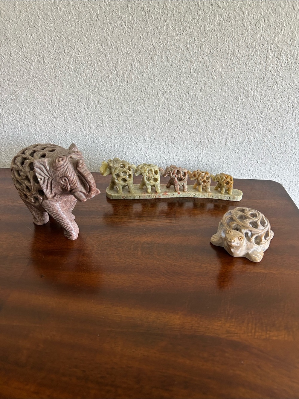 Handcrafted Carved Stone Elephant & Turtle Figurines - Neutral Tones